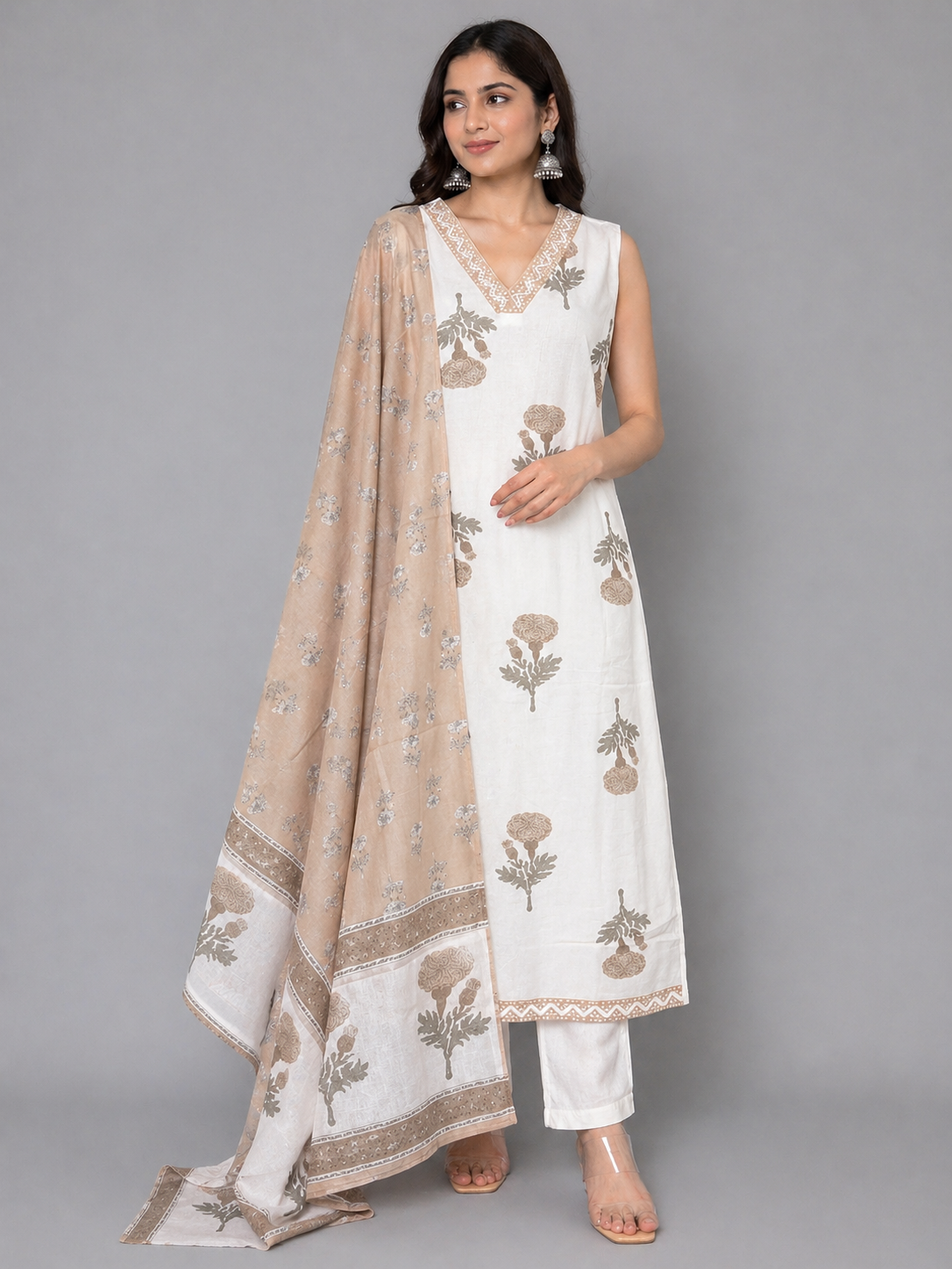 IMG_3180 WHITE COTTON SLEEVELESS KURTA SET - Image 1