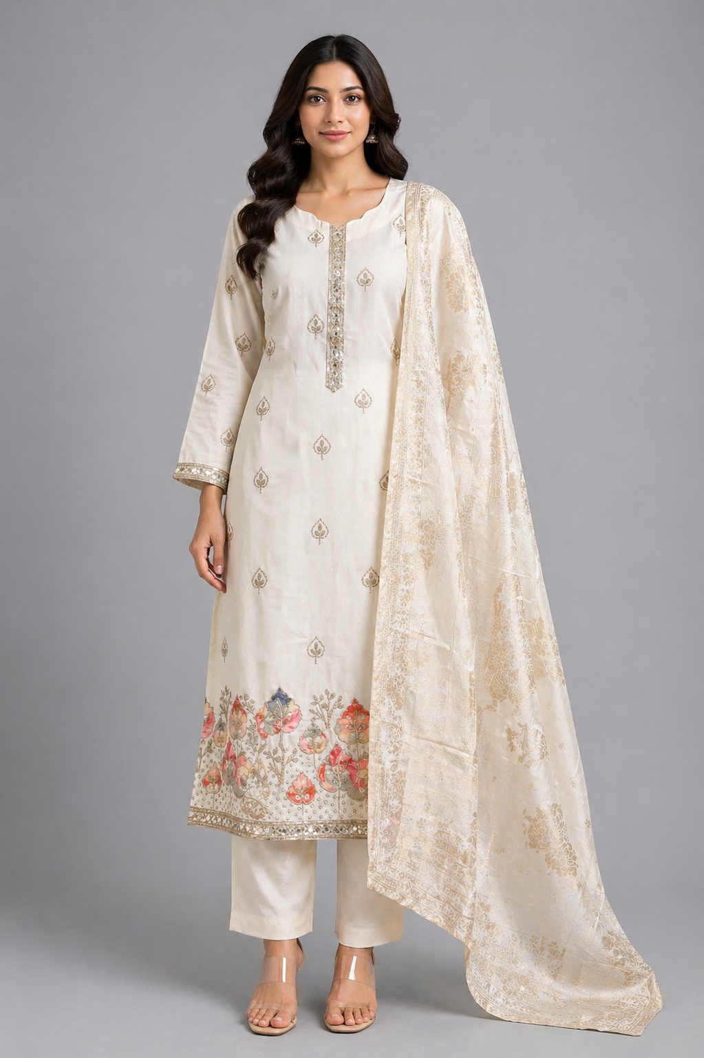 IMG_3216 (1) CREPE FABRIC WITH APPLIQUE WORK SET WITH BANARAS DUPATTA - Image 1