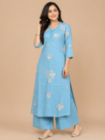 SKY BLUE FLEX COTTON EMBROIDERY 2 PIECE SET