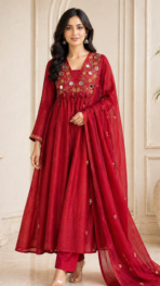 RED COLOR V-NECK ANARKALI FABRIC