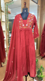 RED COLOR V-NECK ANARKALI FABRIC - Image 2