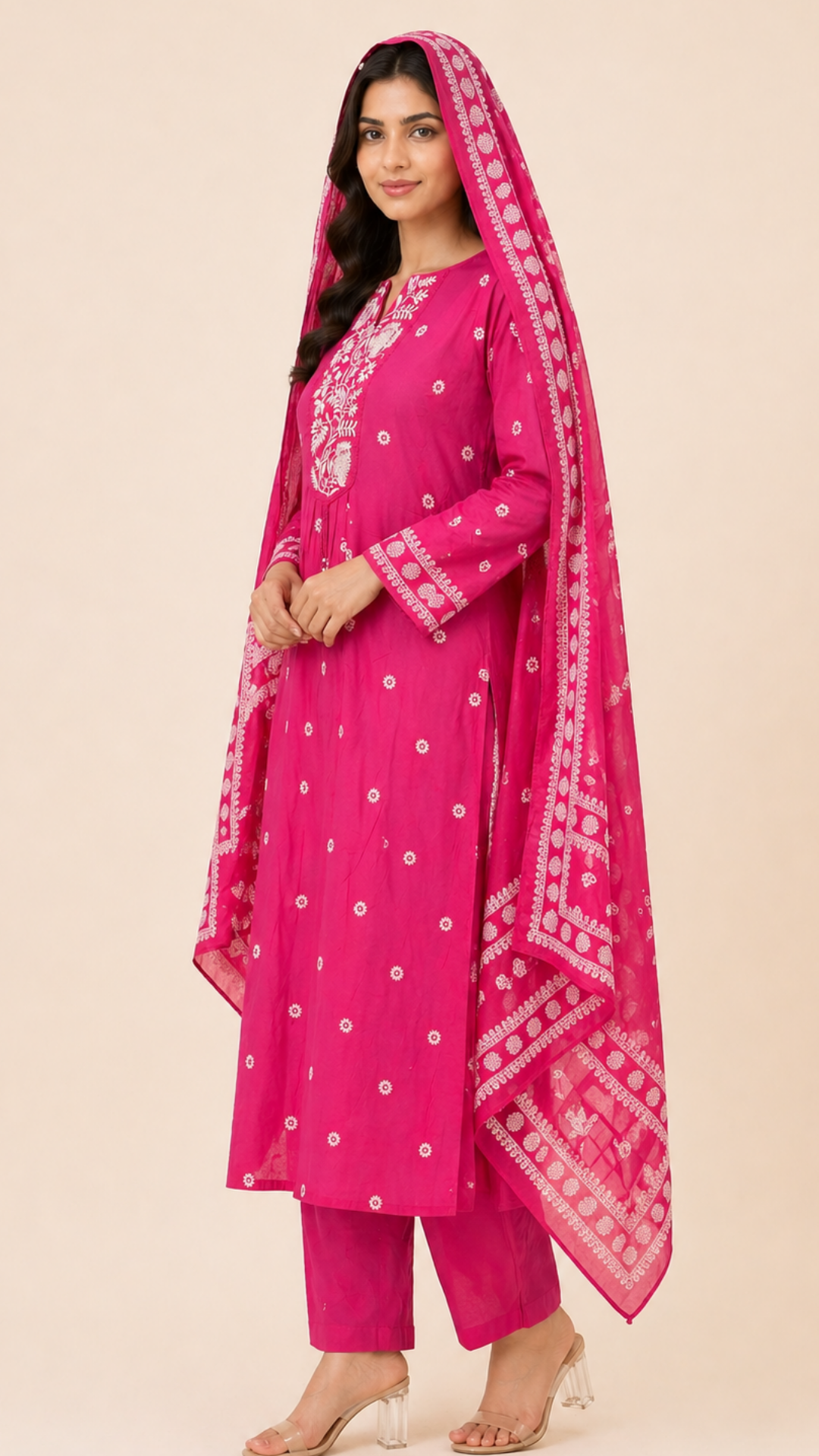 Mahira-Kanchivaram (27) PINK COLOR A-LINE BLOCK PRINT KURTA SET WITH BEAUTIFUL NECK WORK - Image 1
