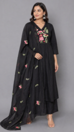 BLACK COLOR V-NECK A-LINE THREAD EMBROIDERY SET
