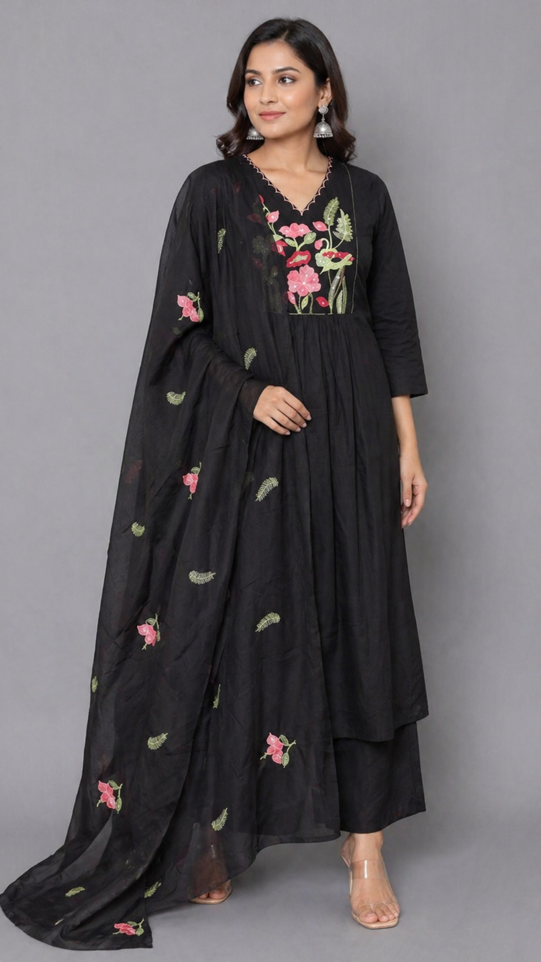 Mahira-Kanchivaram (33) BLACK COLOR V-NECK A-LINE THREAD EMBROIDERY SET - Image 1