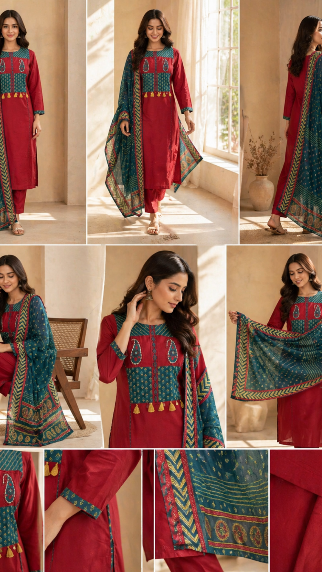 Mahira-Kanchivaram (40) RED COLOR DHABU COTTON CONTRAST DUPATTA SET - Image 1
