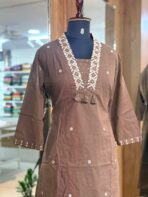 BROWN COLOR HIGH NECK COTTON KURTA SET - Image 2