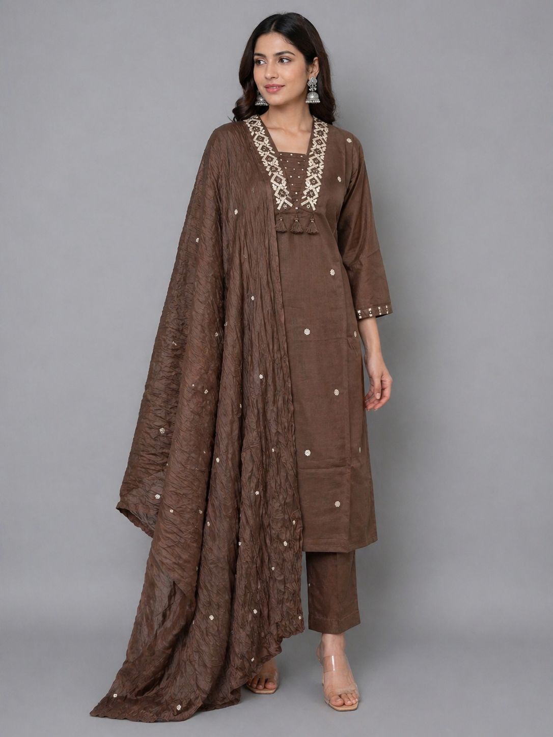 WhatsApp Image 2026-05-06 at 8.33.05 AM BROWN COLOR HIGH NECK COTTON KURTA SET - Image 1