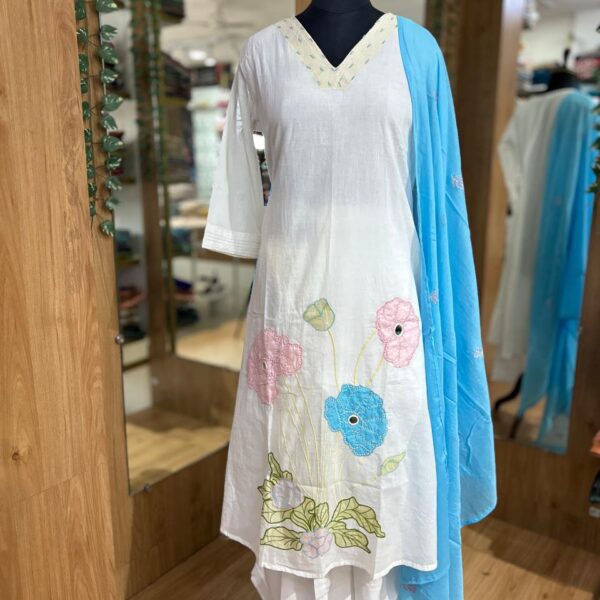 WHITE MUL COTTON SET WITH SKY BLUE DUPPATTA