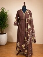 BROWN ANARKALI APPLIQUE WORK SET