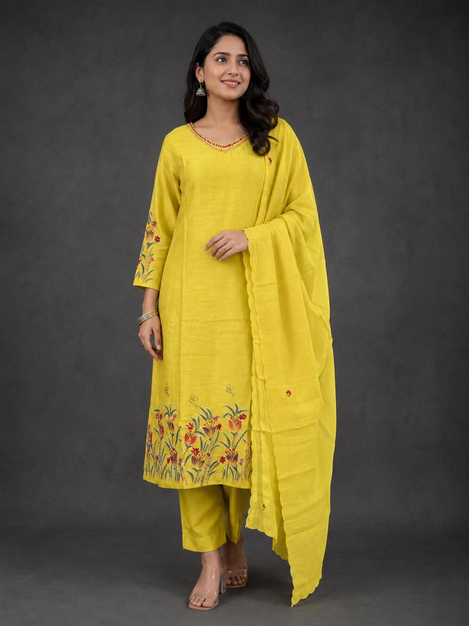 WhatsApp Image 2026-05-21 at 12.49.24 PM YELLOW MULCHANDERI HAND PAINTED WITH KNOT WORK SET - Image 1